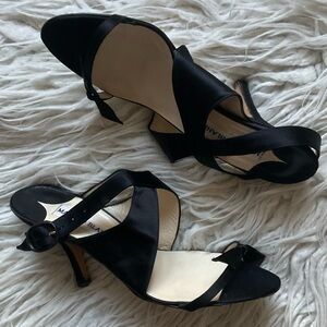 Manolo Blahnik Black Satin Slingback Bow Accent Heeled Strappy Sandals EUC Sz 36